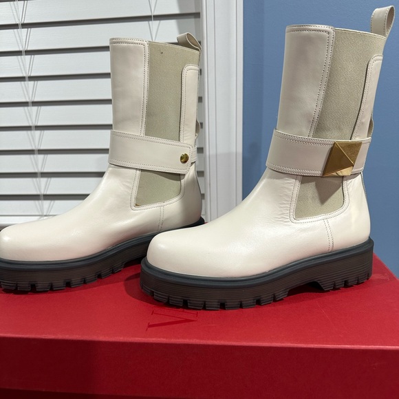 Valentino Cream and Gray Combat Boots